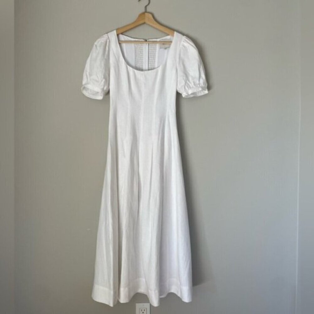 NEW Reformation Coucou Midi Linen Dress Puff Sleeves White | US 4 UK 8 - Picture 6 of 12
